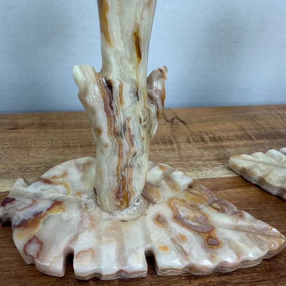 Vintage Onyx Marble Tulip Candlestick Holder Set Carved Stone Leaf Base 6